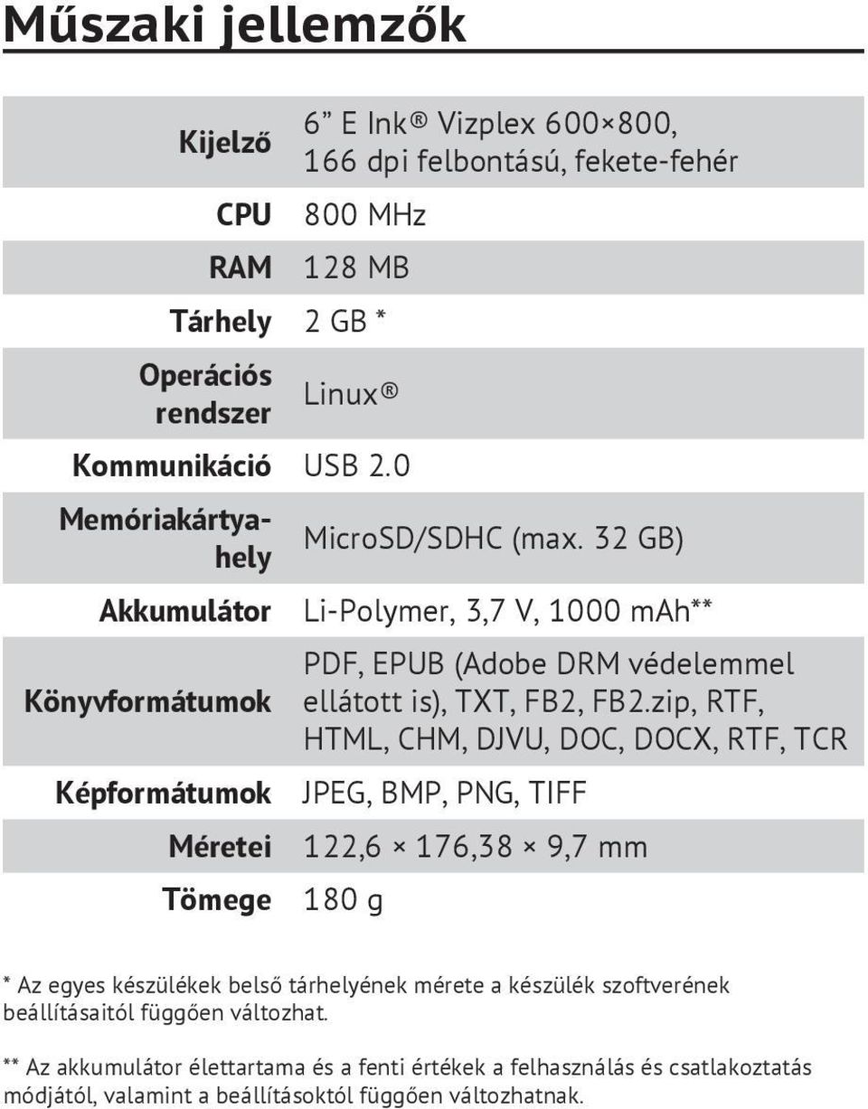 32 GB) Li-Polymer, 3,7 V, 1000 mah** PDF, EPUB (Adobe DRM védelemmel ellátott is), TXT, FB2, FB2.