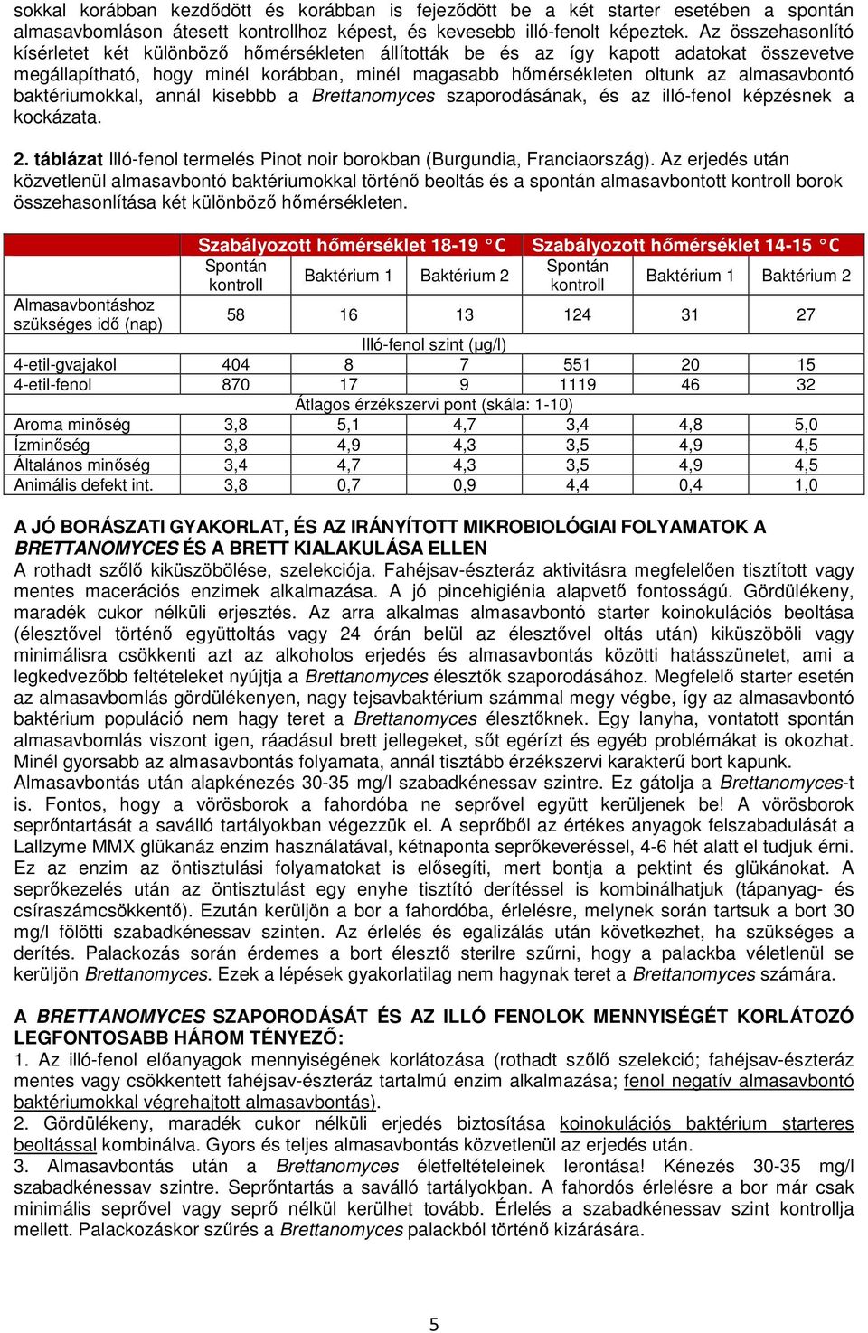 baktériumokkal, annál kisebbb a Brettanomyces szaporodásának, és az illó-fenol képzésnek a kockázata. 2. táblázat Illó-fenol termelés Pinot noir borokban (Burgundia, Franciaország).