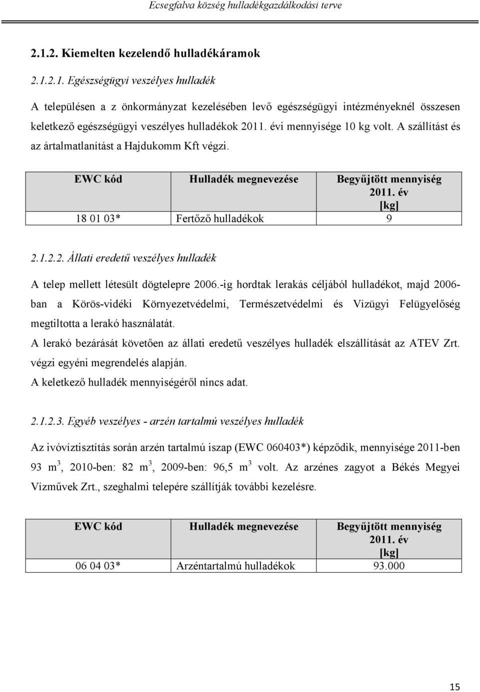 11. év [kg] 18 01 03* Fertőző hulladékok 9 2.1.2.2. Állati eredetű veszélyes hulladék A telep mellett létesült dögtelepre 2006.