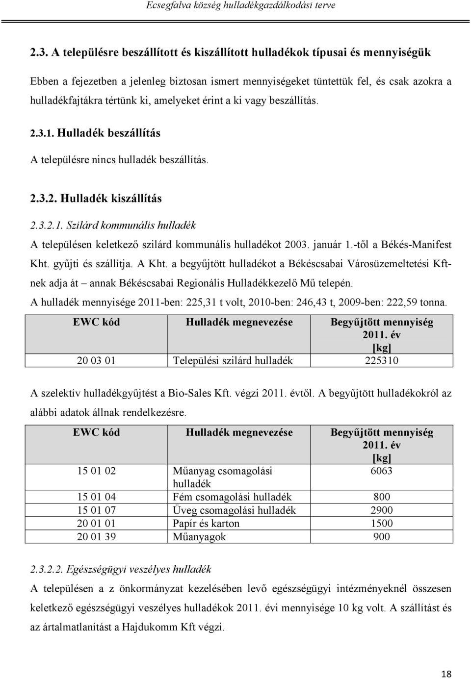 január 1.-től a Békés-Manifest Kht. gyűjti és szállítja. A Kht. a begyűjtött hulladékot a Békéscsabai Városüzemeltetési Kftnek adja át annak Békéscsabai Regionális Hulladékkezelő Mű telepén.