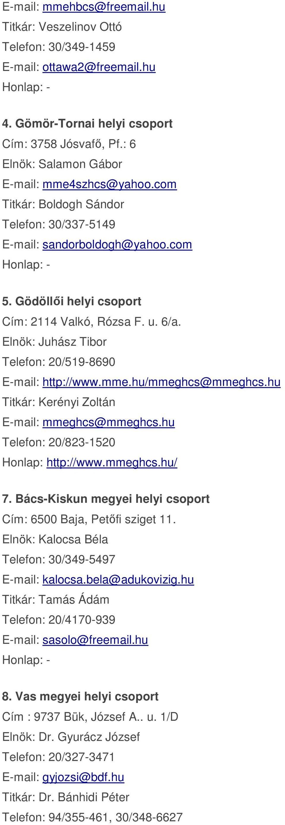 Elnök: Juhász Tibor Telefon: 20/519-8690 E-mail: http://www.mme.hu/mmeghcs@mmeghcs.hu Titkár: Kerényi Zoltán E-mail: mmeghcs@mmeghcs.hu Telefon: 20/823-1520 Honlap: http://www.mmeghcs.hu/ 7.