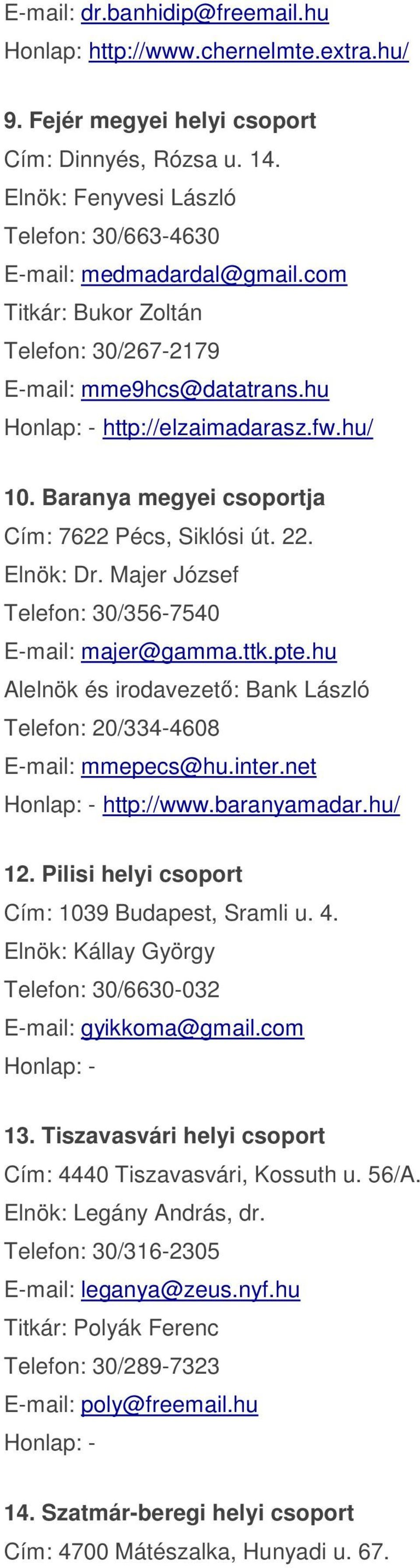 Majer József Telefon: 30/356-7540 E-mail: majer@gamma.ttk.pte.hu Alelnök és irodavezető: Bank László Telefon: 20/334-4608 E-mail: mmepecs@hu.inter.net http://www.baranyamadar.hu/ 12.