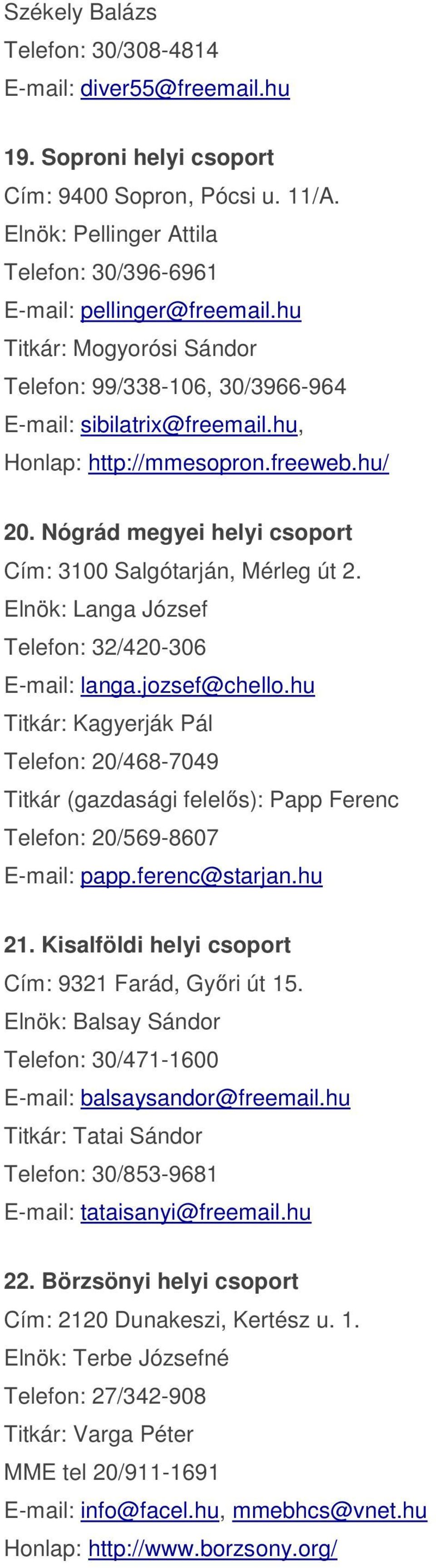 Elnök: Langa József Telefon: 32/420-306 E-mail: langa.jozsef@chello.hu Titkár: Kagyerják Pál Telefon: 20/468-7049 Titkár (gazdasági felelős): Papp Ferenc Telefon: 20/569-8607 E-mail: papp.