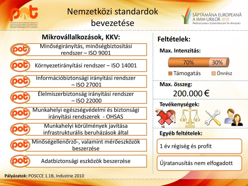 22000 Munkahelyi egészségvédelmi és biztonsági irányítási rendszerek - OHSAS Munkahelyi körülmények javítása infrastrukturális beruházások által