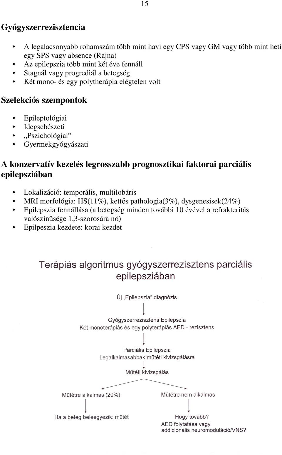 Gyermekgyógyászati A konzervatív kezelés legrosszabb prognosztikai faktorai parciális epilepsziában Lokalizáció: temporális, multilobáris MRI morfológia: HS(11%),