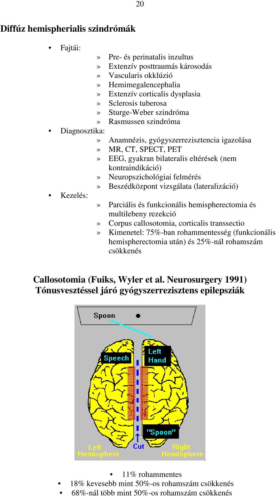 felmérés» Beszédközpont vizsgálata (lateralizáció) Kezelés:» Parciális és funkcionális hemispherectomia és multilebeny rezekció» Corpus callosotomia, corticalis transsectio» Kimenetel: 75%-ban