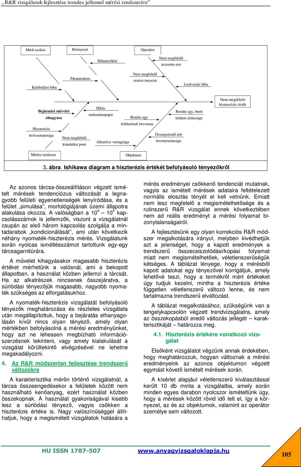 Ishikawa diagram a hiszterézis értékét befolyásoló tényezőkről Az azonos tárcsa-összeállításon végzett ismételt mérések tendenciózus változását a legnagyobb felületi egyenetlenségek lenyíródása, és a