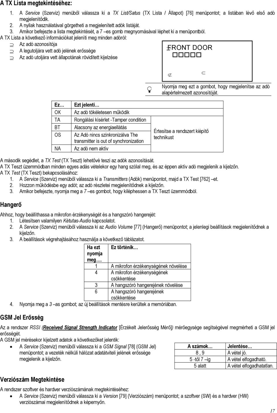 A TX Lista a következő információkat jeleníti meg minden adóról: Az adó azonosítója A legutoljára vett adó jelének erőssége FRONT DOOR Az adó utoljára vett állapotának rövidített kijelzése Ez OK TA