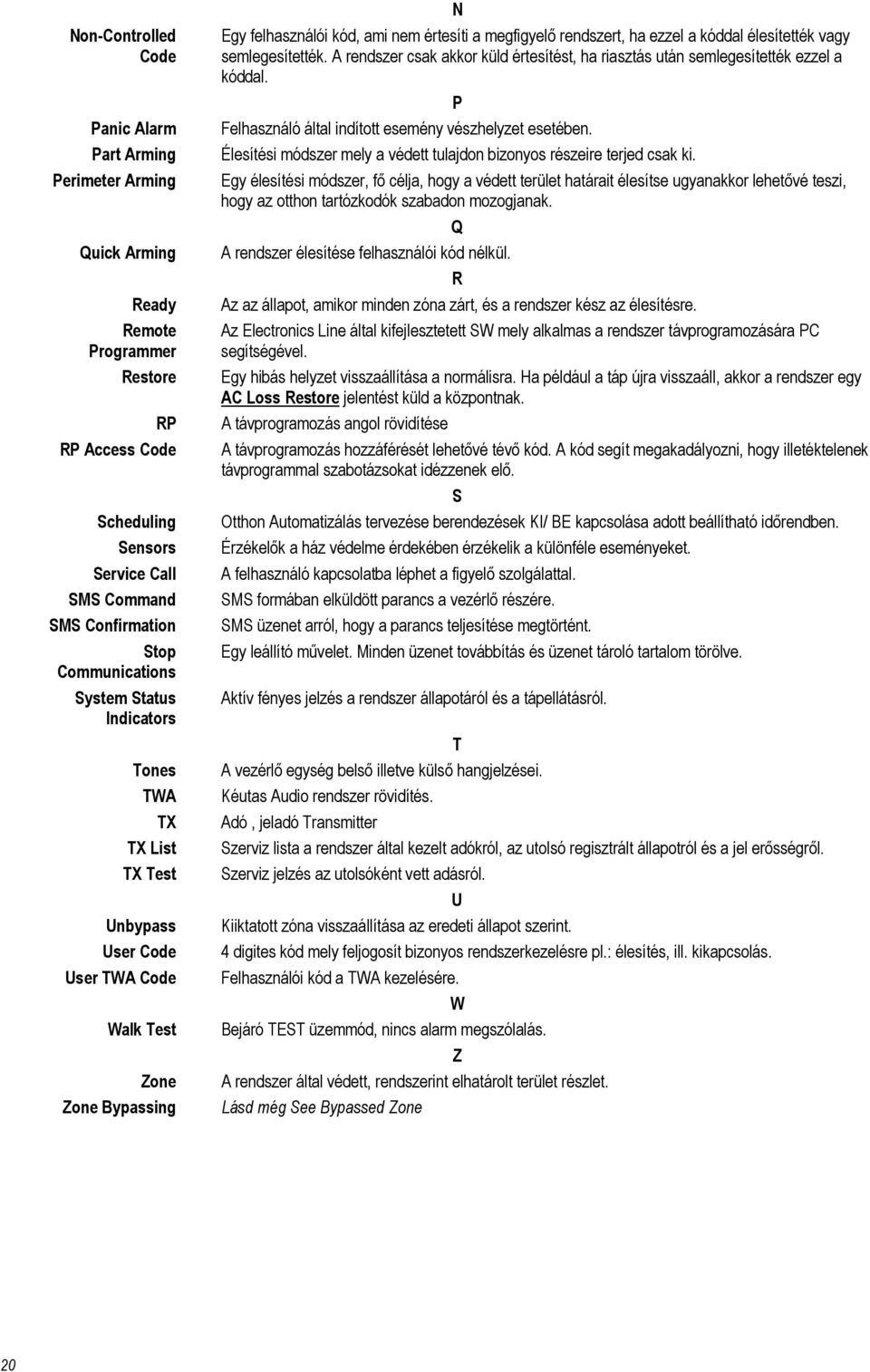 ezzel a kóddal élesítették vagy semlegesítették. A rendszer csak akkor küld értesítést, ha riasztás után semlegesítették ezzel a kóddal. P Felhasználó által indított esemény vészhelyzet esetében.