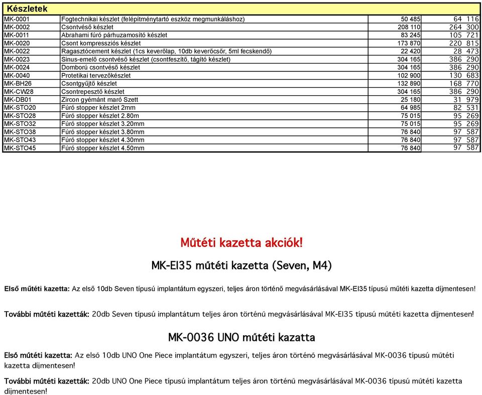 tágító készlet) 304 165 386 290 MK-0024 Domború csontvéső készlet 304 165 386 290 MK-0040 Protetikai tervezőkészlet 102 900 130 683 MK-BH26 Csontgyűjtő készlet 132 890 168 770 MK-CW28 Csontrepesztő