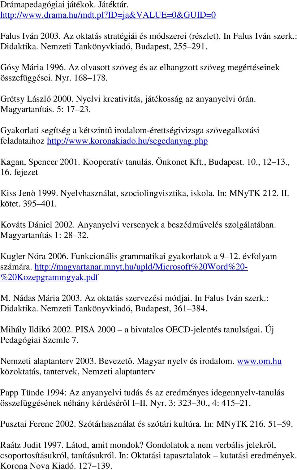 Nyelvi kreativitás, játékosság az anyanyelvi órán. Magyartanítás. 5: 17 23. Gyakorlati segítség a kétszintő irodalom-érettségivizsga szövegalkotási feladataihoz http://www.koronakiado.hu/segedanyag.