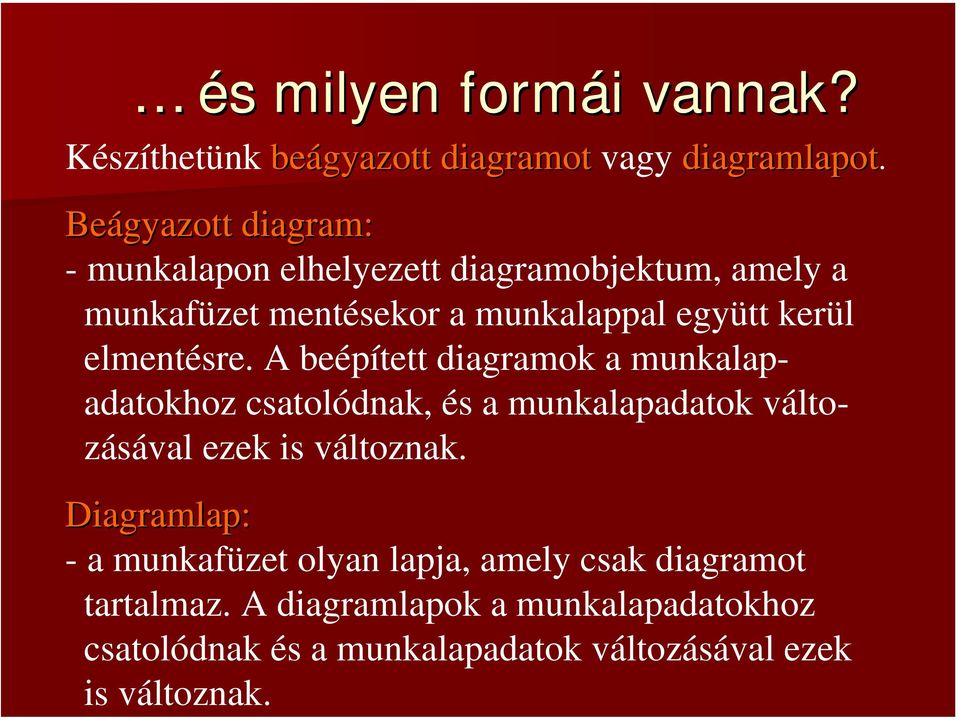 elmentésre. A beépített diagramok a munkalapadatokhoz csatolódnak, és a munkalapadatok változásával ezek is változnak.