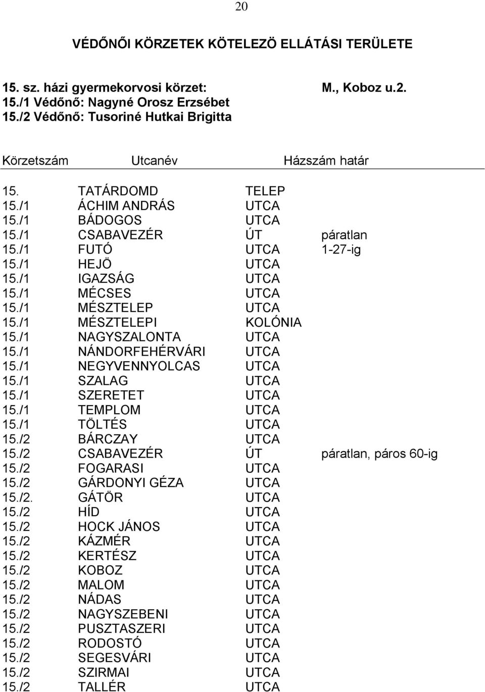 /1 NÁNDORFEHÉRVÁRI UTCA 15./1 NEGYVENNYOLCAS UTCA 15./1 SZALAG UTCA 15./1 SZERETET UTCA 15./1 TEMPLOM UTCA 15./1 TÖLTÉS UTCA 15./2 BÁRCZAY UTCA 15./2 CSABAVEZÉR ÚT páratlan, páros 60-ig 15.