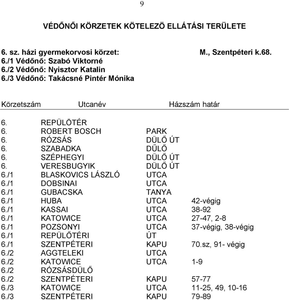 /1 GUBACSKA TANYA 6./1 HUBA UTCA 42-végig 6./1 KASSAI UTCA 38-92 6./1 KATOWICE UTCA 27-47, 2-8 6./1 POZSONYI UTCA 37-végig, 38-végig 6./1 REPÜLŐTÉRI ÚT 6.