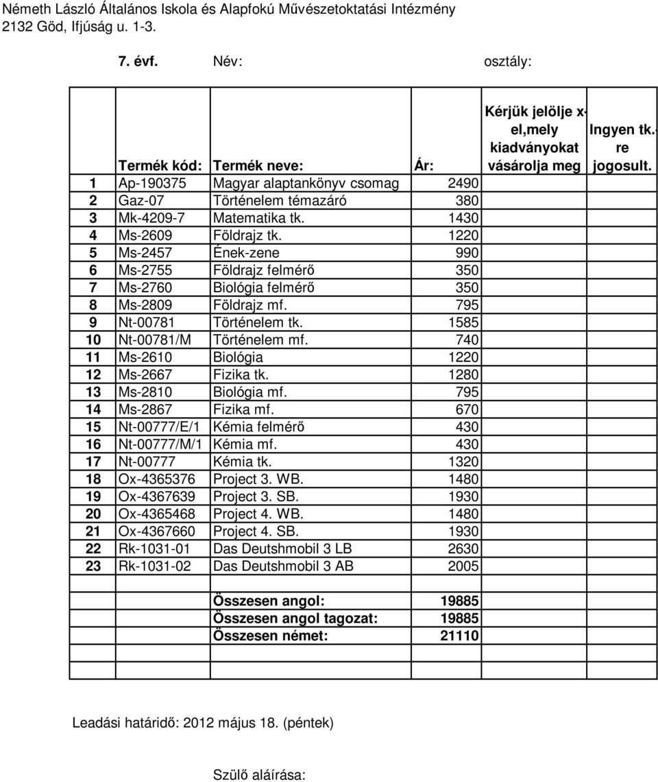 740 11 Ms-2610 Biológia 1220 12 Ms-2667 Fizika tk. 1280 13 Ms-2810 Biológia mf. 795 14 Ms-2867 Fizika mf. 670 15 Nt-00777/E/1 Kémia felmérı 430 16 Nt-00777/M/1 Kémia mf. 430 17 Nt-00777 Kémia tk.