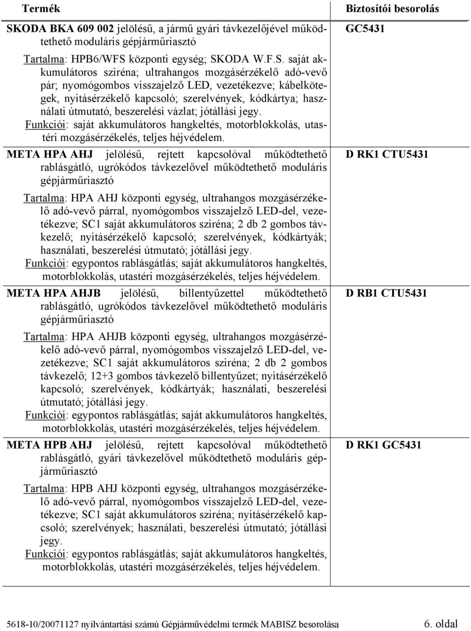 Funkciói: saját akkumulátoros hangkeltés, motorblokkolás, utastéri mozgásérzékelés, META HPA AHJ jelölésű, rejtett kapcsolóval működtethető rablásgátló, ugrókódos távkezelővel működtethető moduláris