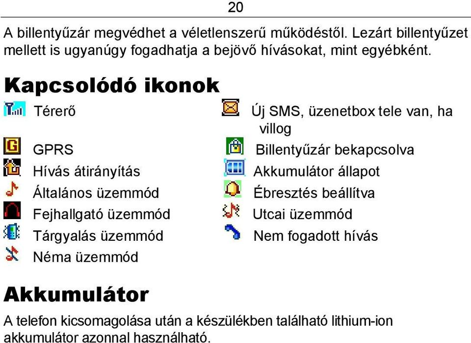Kapcsolódó ikonok Térerő GPRS Hívás átirányítás Általános üzemmód Fejhallgató üzemmód Tárgyalás üzemmód Néma üzemmód Új SMS,