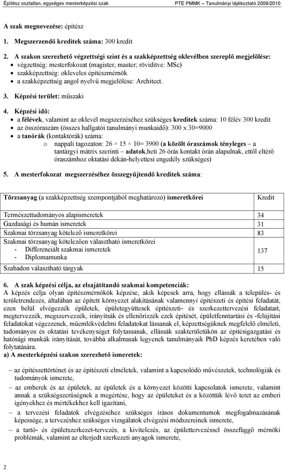 szakképzettség angol nyelvű megjelölése: Architect. 3. Képzési terület: műszaki 4.