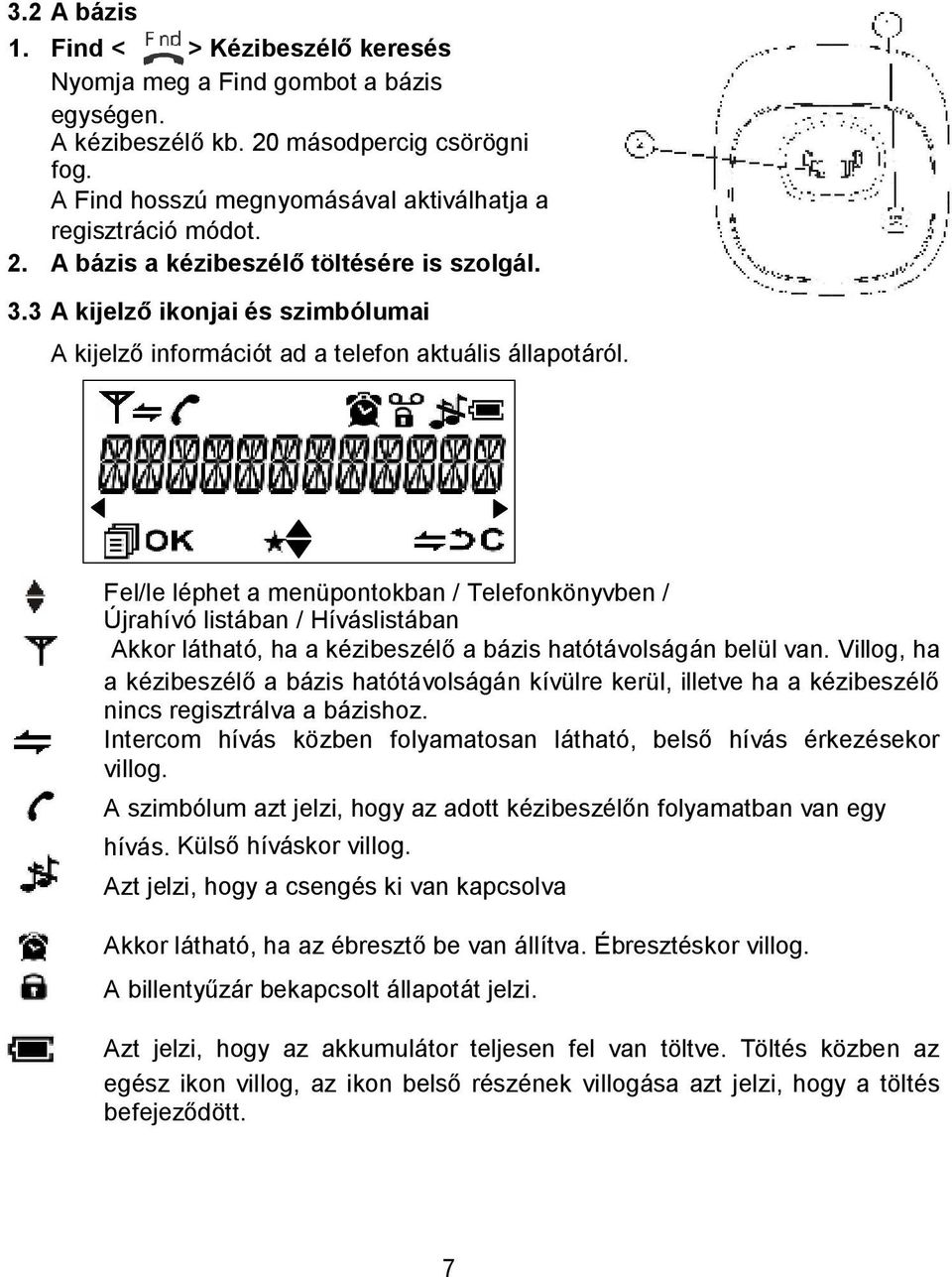 Fel/le léphet a menüpontokban / Telefonkönyvben / Újrahívó listában / Híváslistában Akkor látható, ha a kézibeszélő a bázis hatótávolságán belül van.