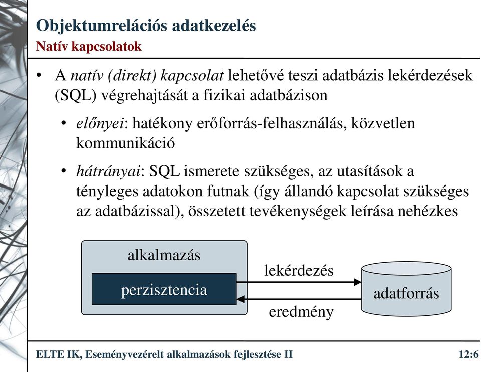 utasítások a tényleges adatokon futnak (így állandó kapcsolat szükséges az adatbázissal), összetett tevékenységek