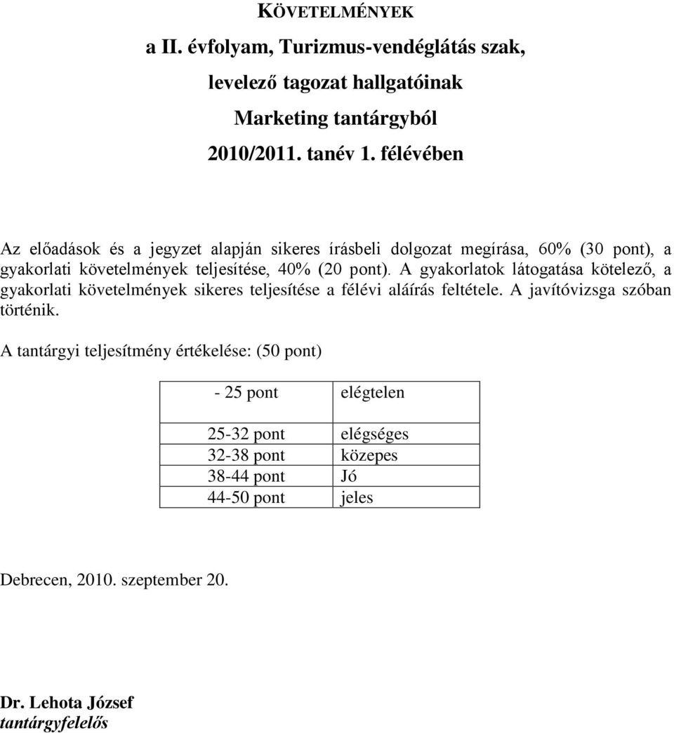 A gyakorlatok látogatása kötelező, a gyakorlati követelmények sikeres teljesítése a félévi aláírás feltétele. A javítóvizsga szóban történik.