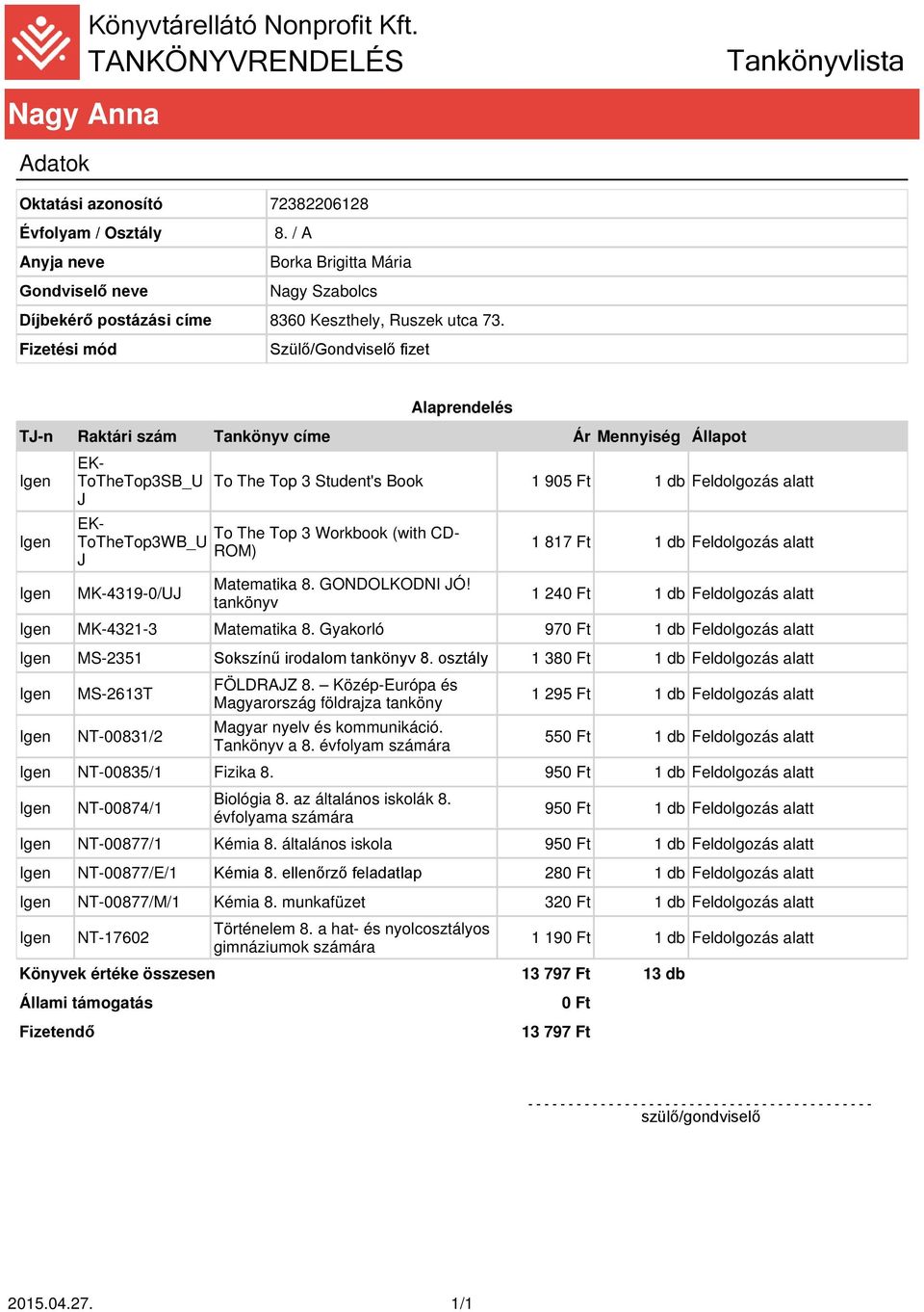 1 817 Ft 1 db Feldolgozás alatt MK-4321-3 Matematika 8. Gyakorló 970 Ft 1 db Feldolgozás alatt MS-2351 Sokszínű irodalom 8. osztály 1 380 Ft 1 db Feldolgozás alatt FÖLDRAZ 8.