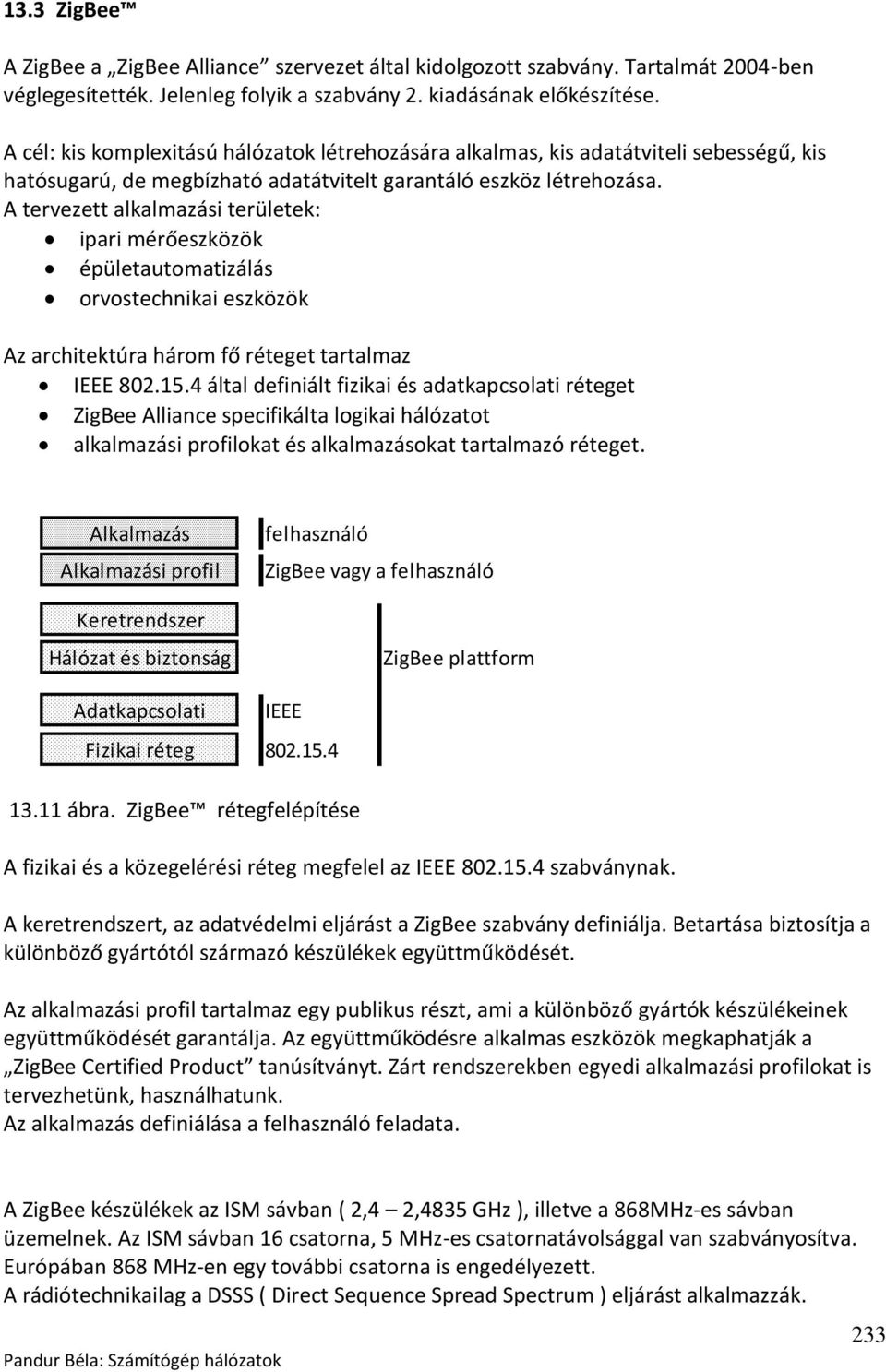 A tervezett alkalmazási területek: ipari mérőeszközök épületautomatizálás orvostechnikai eszközök Az architektúra három fő réteget tartalmaz IEEE 802.15.