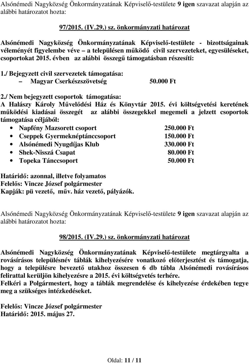 2015. évben az alábbi összegű támogatásban részesíti: 1./ Bejegyzett civil szervezetek támogatása: Magyar Cserkészszövetség 50.000 Ft 2.