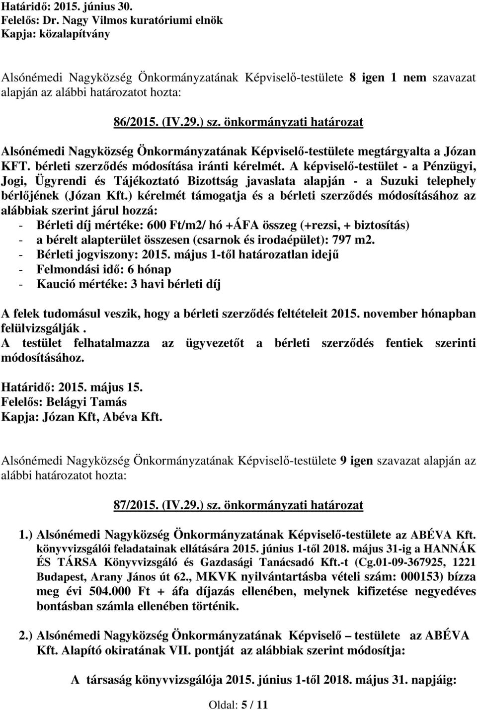 A képviselő-testület - a Pénzügyi, Jogi, Ügyrendi és Tájékoztató Bizottság javaslata alapján - a Suzuki telephely bérlőjének (Józan Kft.