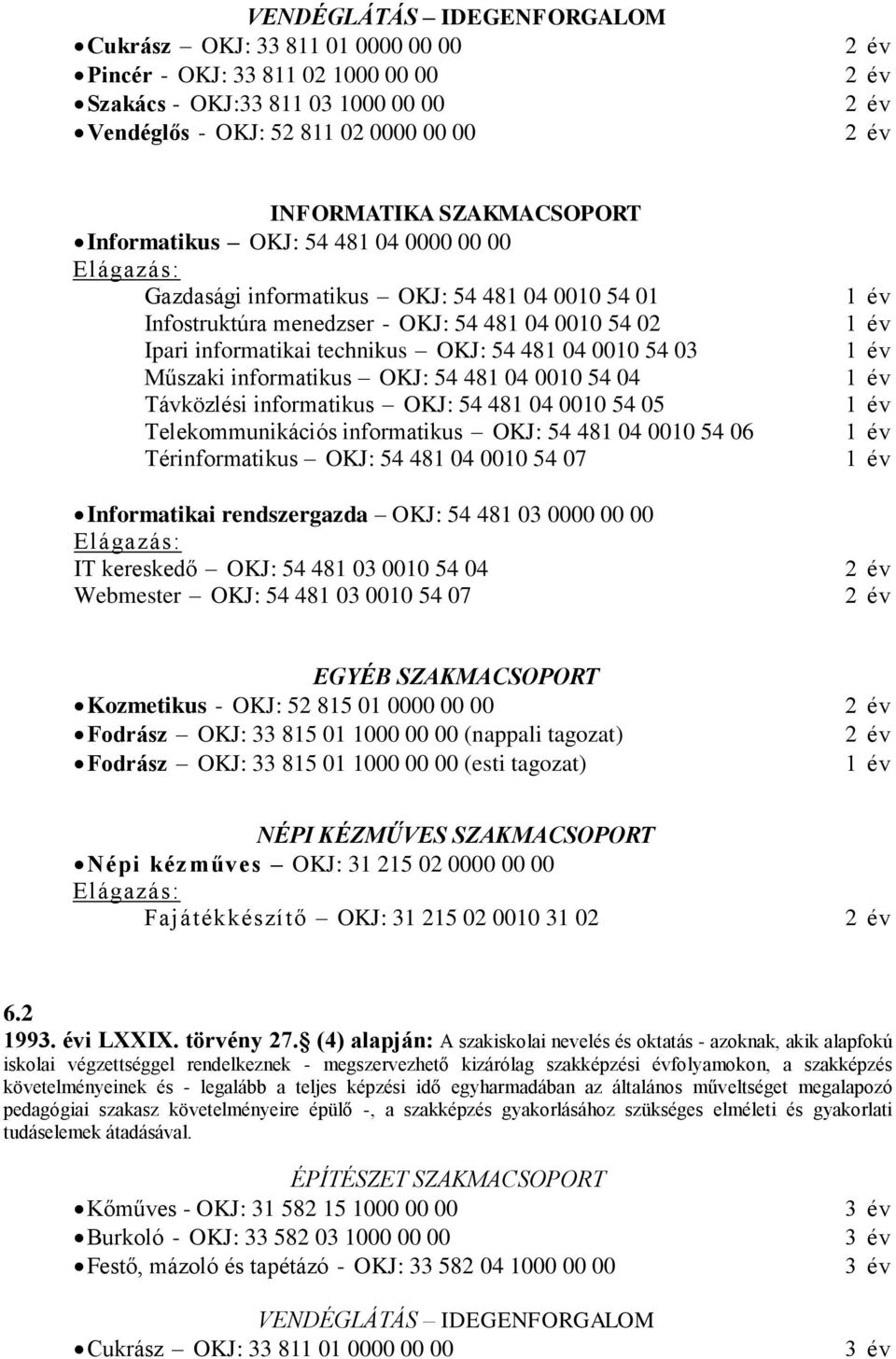 Műszaki informatikus OKJ: 54 481 04 0010 54 04 Távközlési informatikus OKJ: 54 481 04 0010 54 05 Telekommunikációs informatikus OKJ: 54 481 04 0010 54 06 Térinformatikus OKJ: 54 481 04 0010 54 07