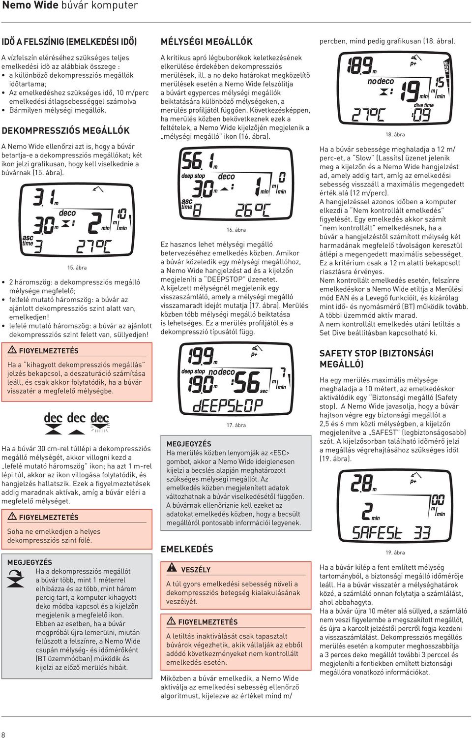 DEKOMPRESSZIÓS MEGÁLLÓK A Nemo Wide ellenőrzi azt is, hogy a búvár betartja-e a dekompressziós megállókat; két ikon jelzi grafikusan, hogy kell viselkednie a búvárnak (15. ábra). 15.