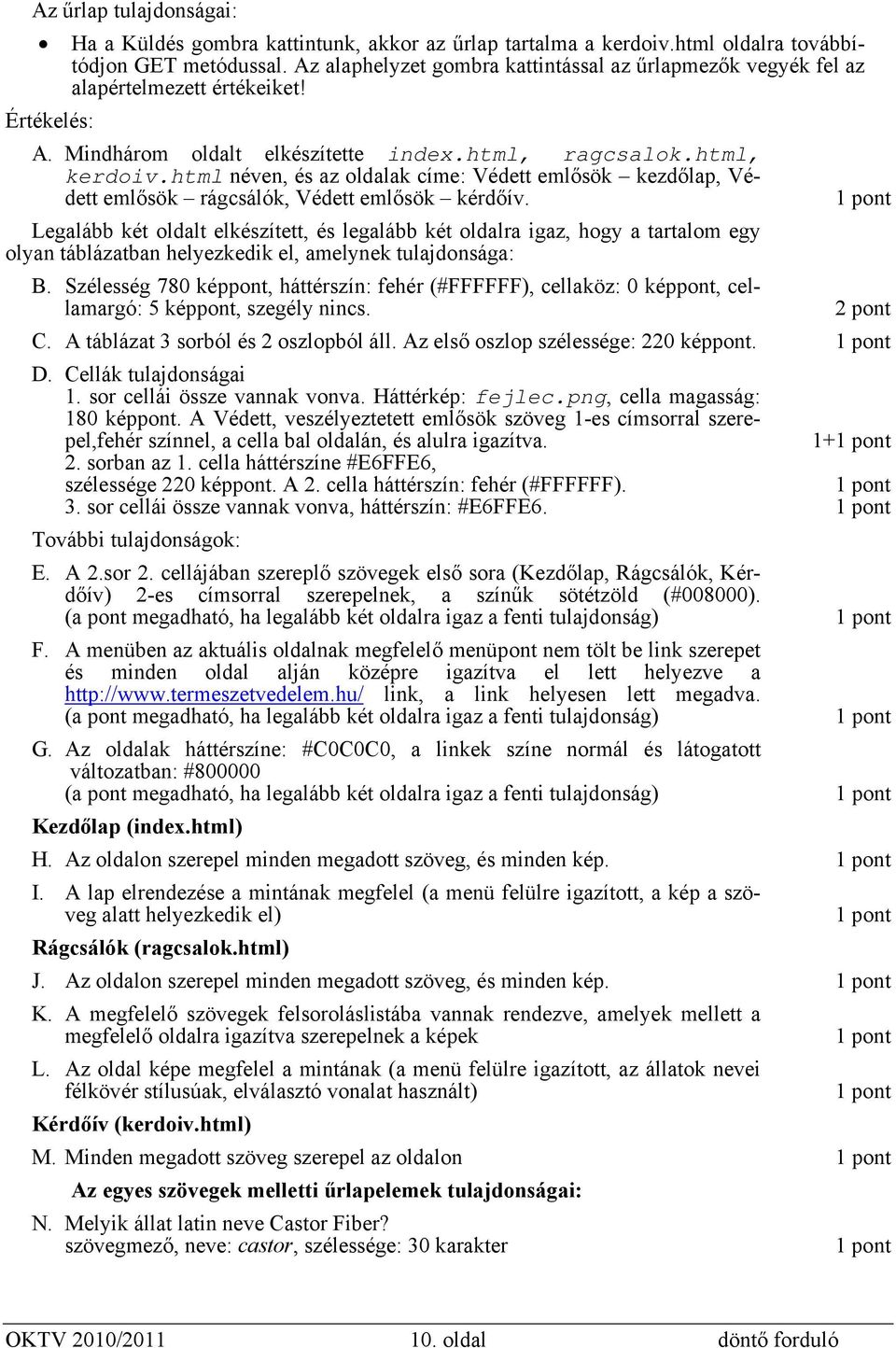 html néven, és az oldalak címe: Védett emlősök kezdőlap, Védett emlősök rágcsálók, Védett emlősök kérdőív.