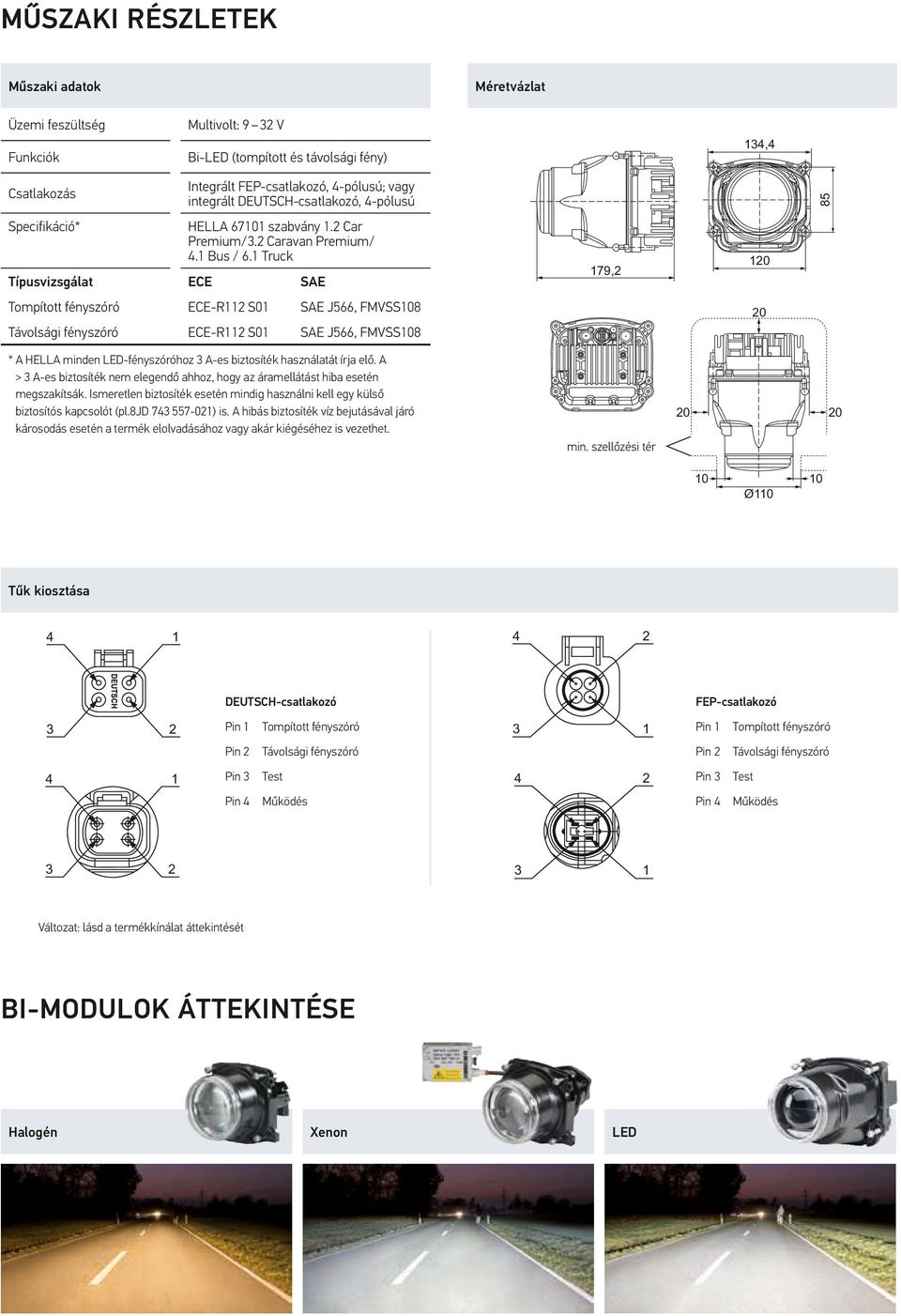 Truck Típusvizsgálat ECE SAE ECE-R S0 SAE J566, FMVSS08 ECE-R S0 SAE J566, FMVSS08, 85 Üzemi feszültség 0 79, 0 * A HELLA minden LED-fényszóróhoz A-es biztosíték használatát írja elő.