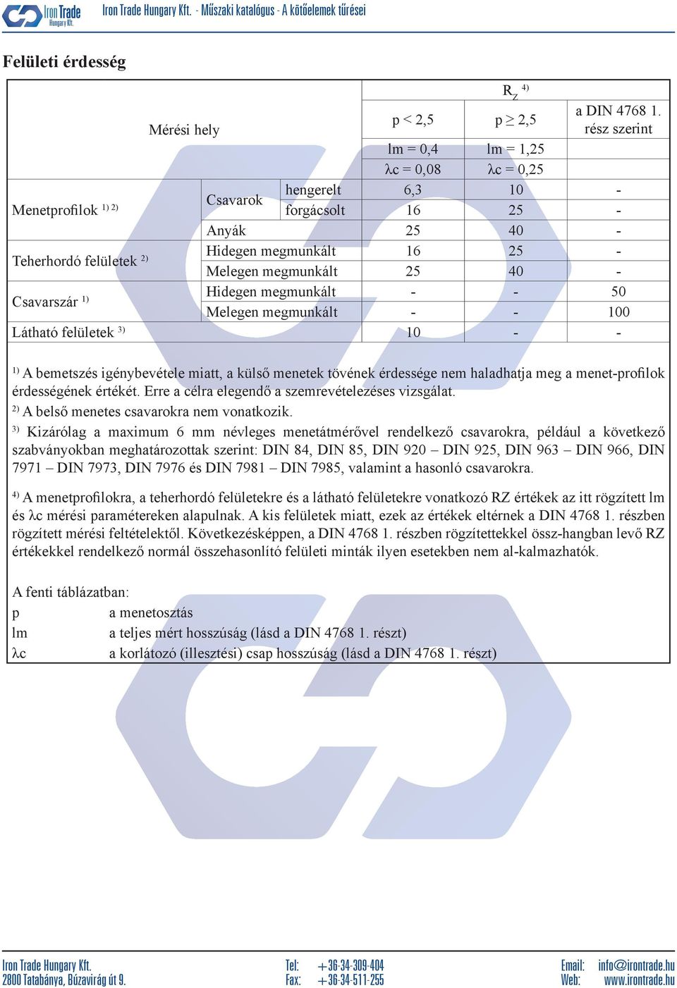 felületek 2) Melegen megmunkált 25 40 - Hidegen megmunkált - - 50 Csavarszár 1) Melegen megmunkált - - 100 Látható felületek 3) 10 - - 1) A bemetszés igénybevétele miatt, a külső menetek tövének