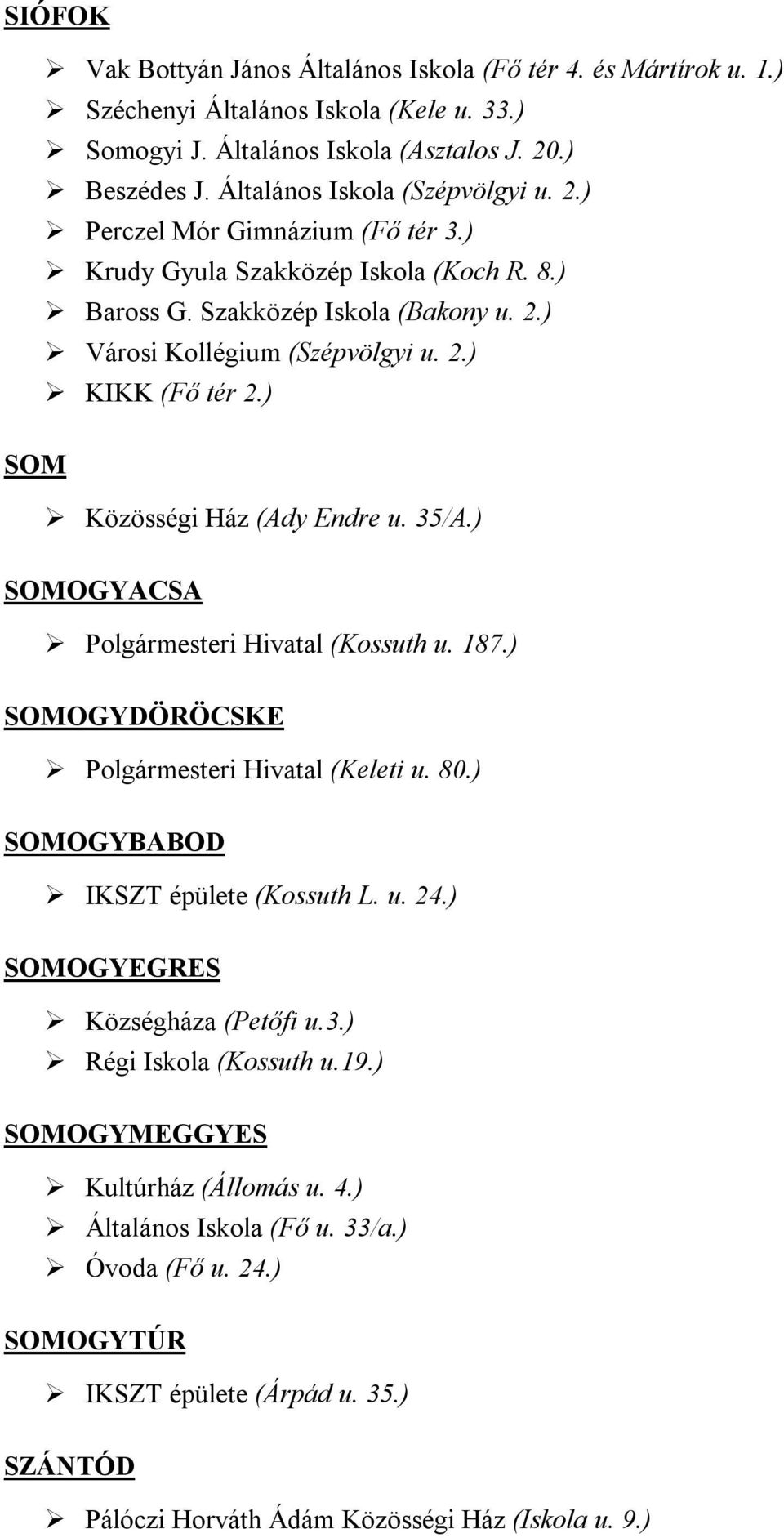 ) SOM Közösségi Ház (Ady Endre u. 35/A.) SOMOGYACSA Polgármesteri Hivatal (Kossuth u. 187.) SOMOGYDÖRÖCSKE Polgármesteri Hivatal (Keleti u. 80.) SOMOGYBABOD IKSZT épülete (Kossuth L. u. 24.