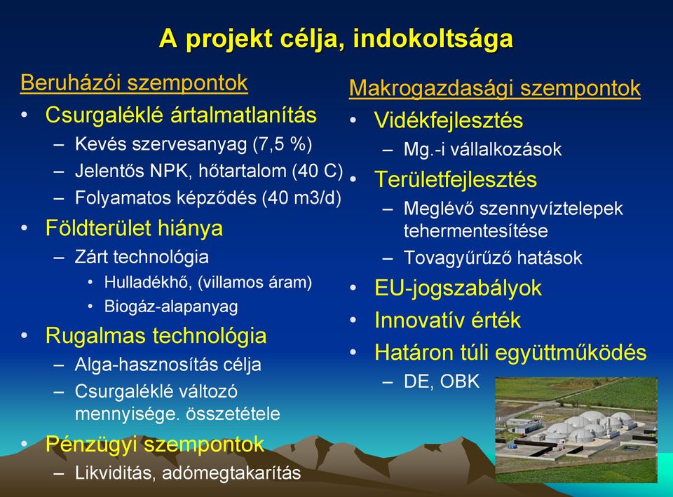 Csurgaléklé változó mennyisége. összetétele Pénzügyi szempontok Likviditás, adómegtakarítás Makrogazdasági szempontok Vidékfejlesztés Mg.