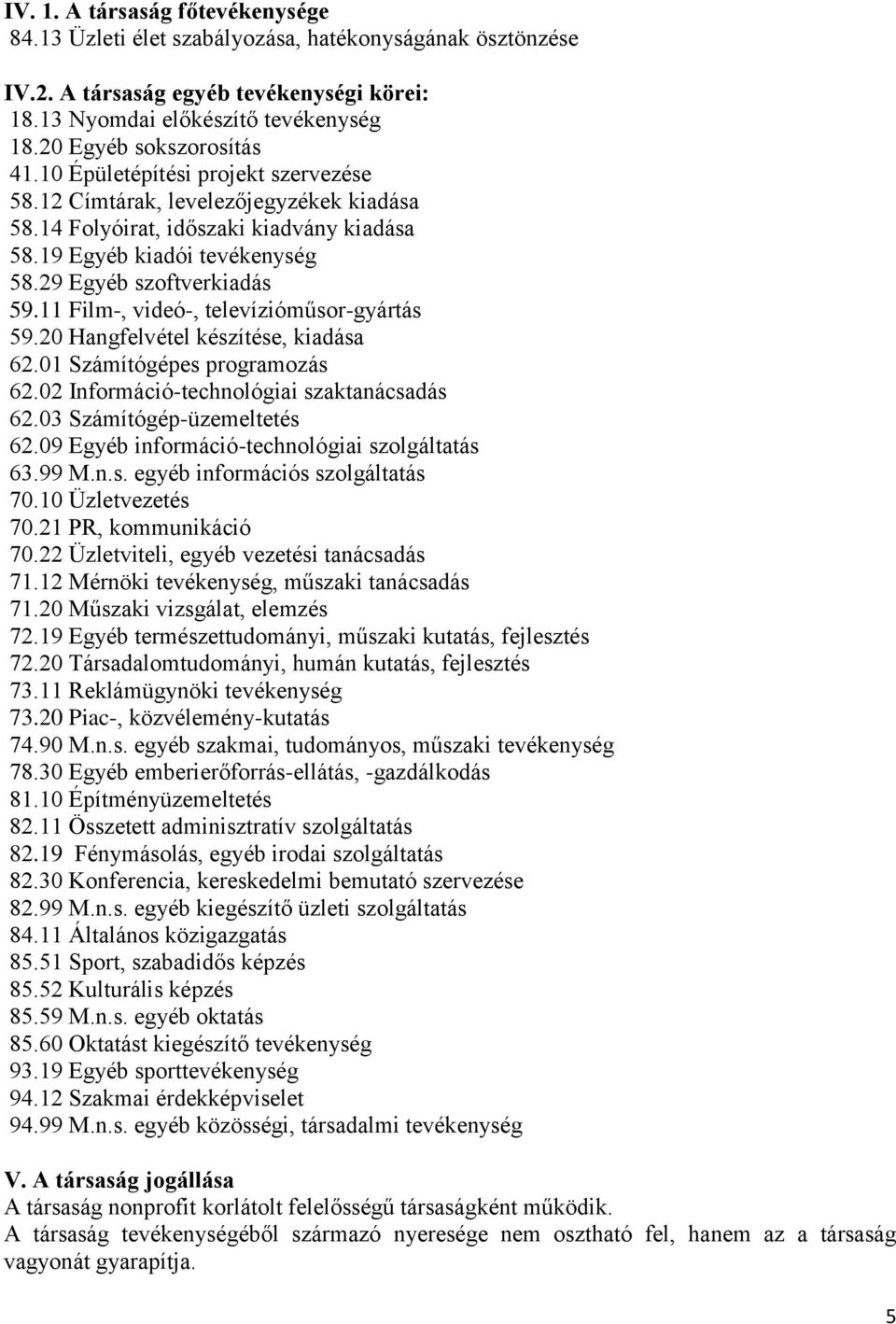 29 Egyéb szoftverkiadás 59.11 Film-, videó-, televízióműsor-gyártás 59.20 Hangfelvétel készítése, kiadása 62.01 Számítógépes programozás 62.02 Információ-technológiai szaktanácsadás 62.