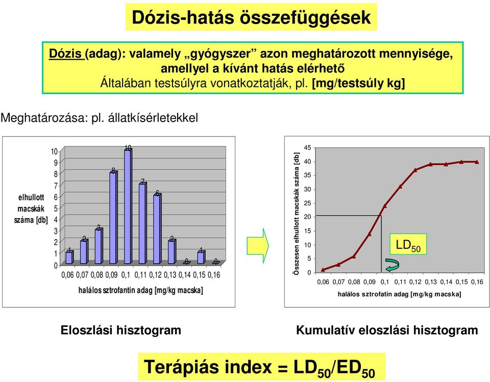 állatkísérletekkel 10 9 8 7 elhullott 6 macskák 5 száma [db] 4 3 2 1 0 1 2 3 8 10 0,06 0,07 0,08 0,09 0,1 0,11 0,12 0,13 0,14 0,15 0,16 halálos sztrofantin