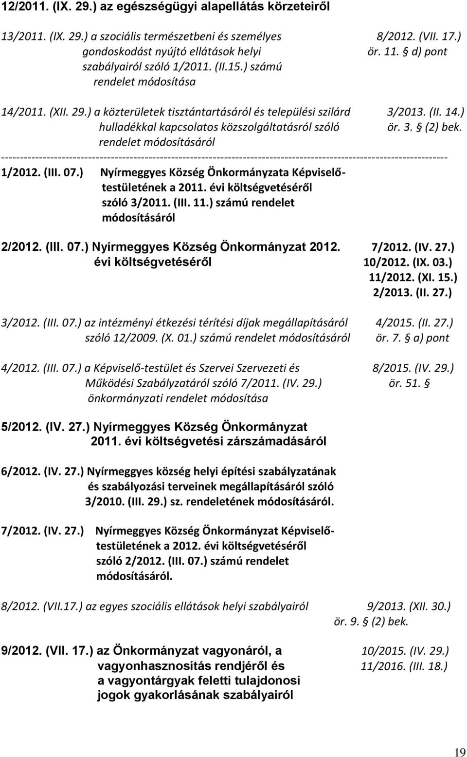 rendelet 1/2012. (III. 07.) Nyírmeggyes Község Önkormányzata Képviselőtestületének a 2011. évi költségvetéséről szóló 3/2011. (III. 11.) számú rendelet 2/2012. (III. 07.) Nyírmeggyes Község Önkormányzat 2012.