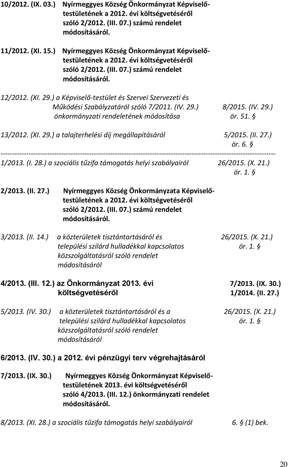 ) a Képviselő-testület és Szervei Szervezeti és Működési Szabályzatáról szóló 7/2011. (IV. 29.) 8/2015. (IV. 29.) önkormányzati rendeletének módosítása ör. 51. 13/2012. (XI. 29.) a talajterhelési díj megállapításáról 5/2015.