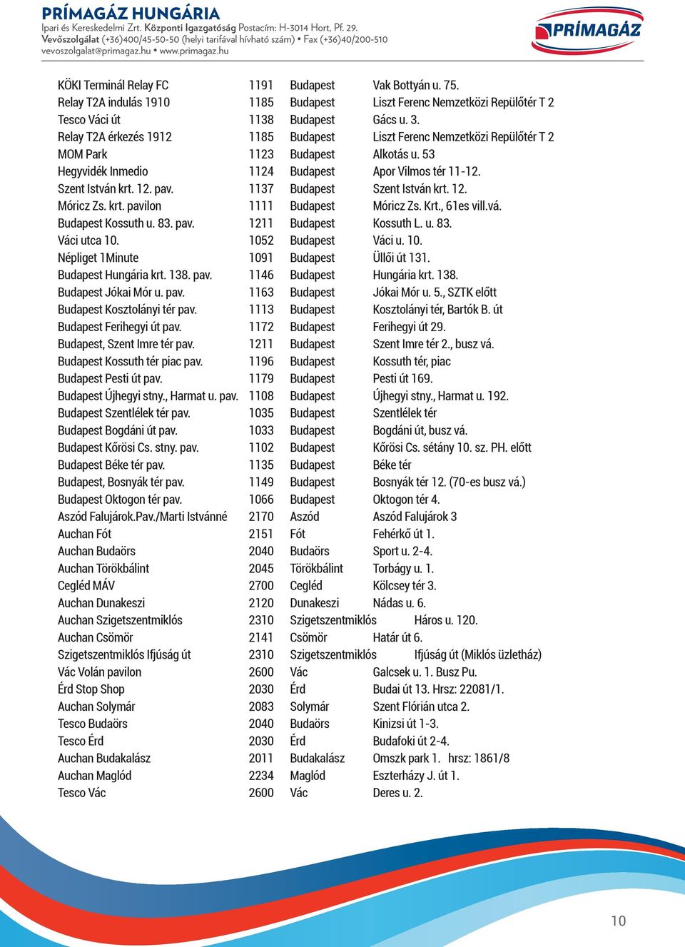 1137 Budapest Szent István krt. 12. Móricz Zs. krt. pavilon 1111 Budapest Móricz Zs. Krt., 61es vill.vá. Budapest Kossuth u. 83. pav. 1211 Budapest Kossuth L. u. 83. Váci utca 10.