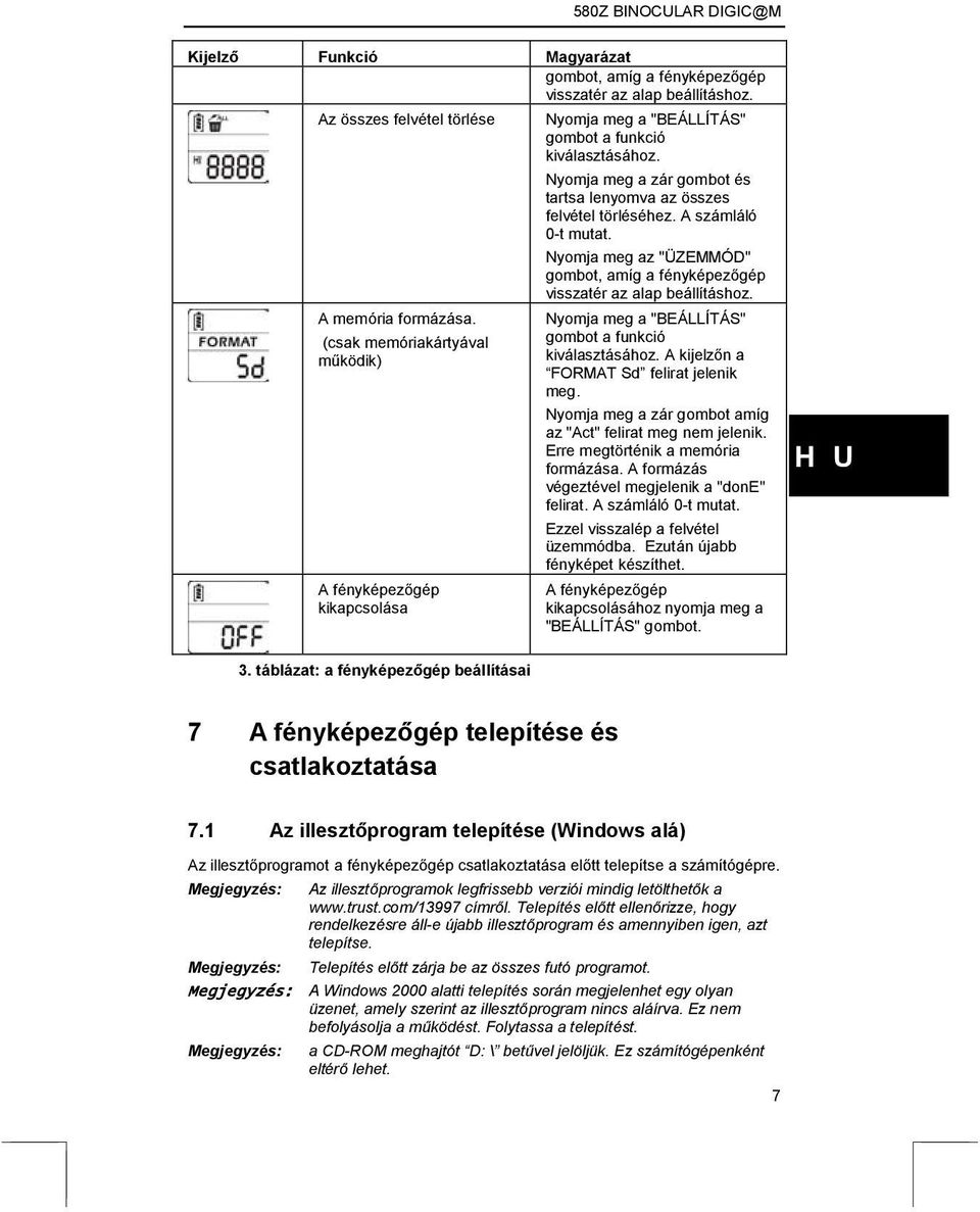 A számláló 0-t mutat. Nyomja meg az "ÜZEMMÓD" gombot, amíg a fényképezőgép visszatér az alap beállításhoz. Nyomja meg a "BEÁLLÍTÁS" gombot a funkció kiválasztásához.