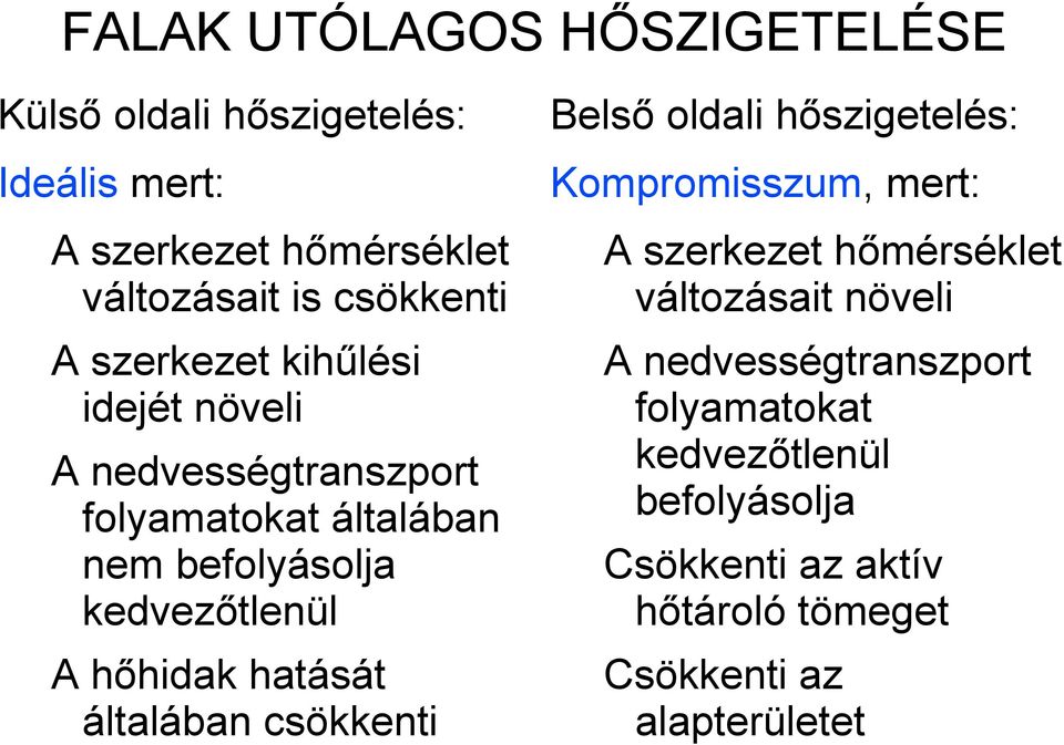 növeli A nedvességtranszport folyamatokat kedvezőtlenül befolyásolja A nedvességtranszport folyamatokat általában nem