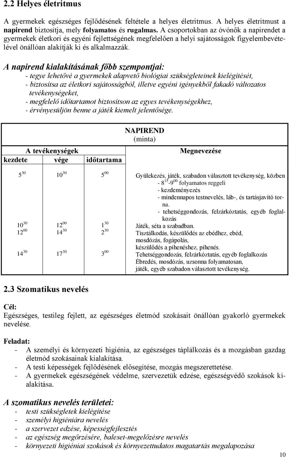 A napirend kialakításának főbb szempontjai: - tegye lehetővé a gyermekek alapvető biológiai szükségleteinek kielégítését, - biztosítsa az életkori sajátosságból, illetve egyéni igényekből fakadó