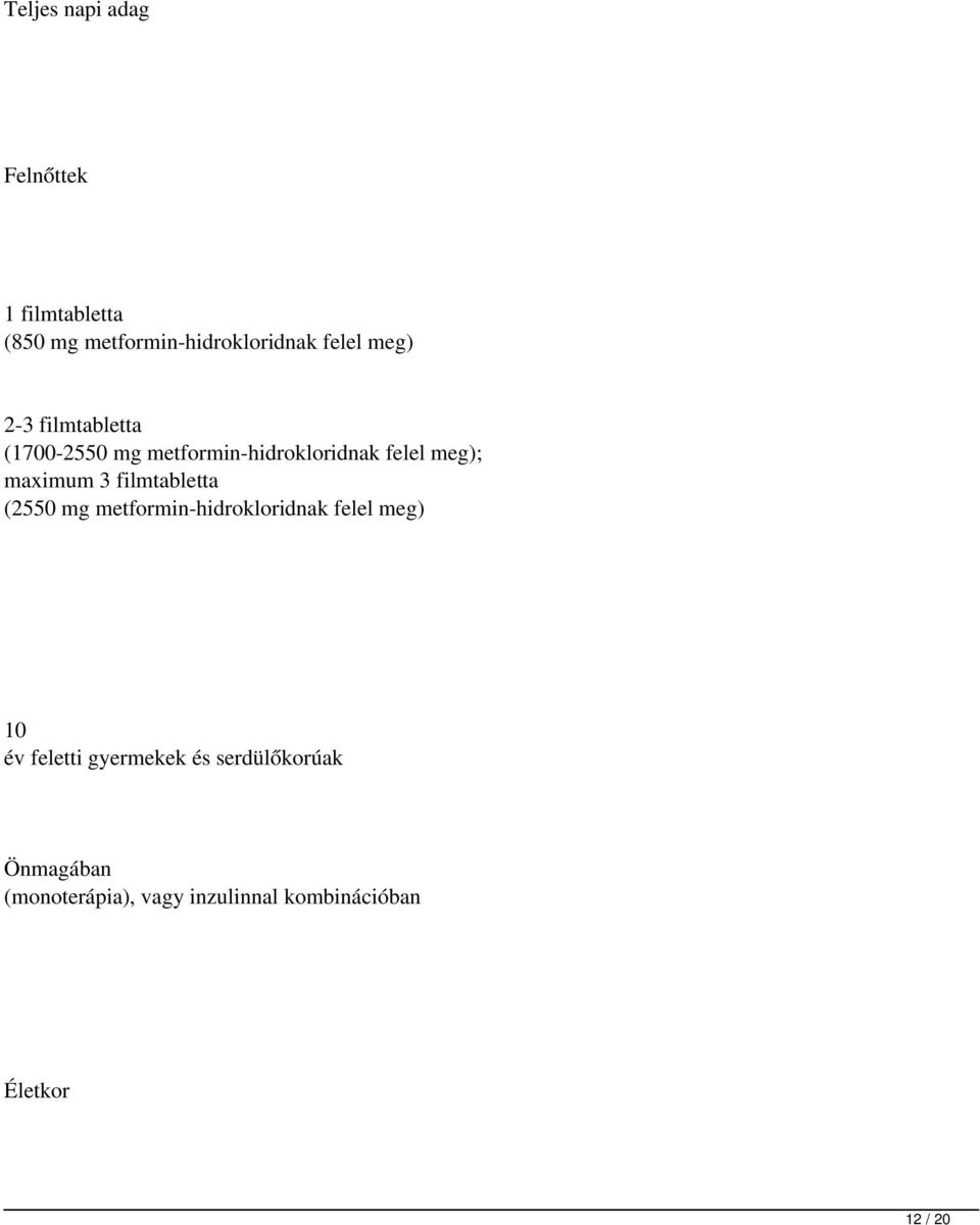 filmtabletta (2550 mg metformin-hidrokloridnak felel meg) 10 év feletti gyermekek