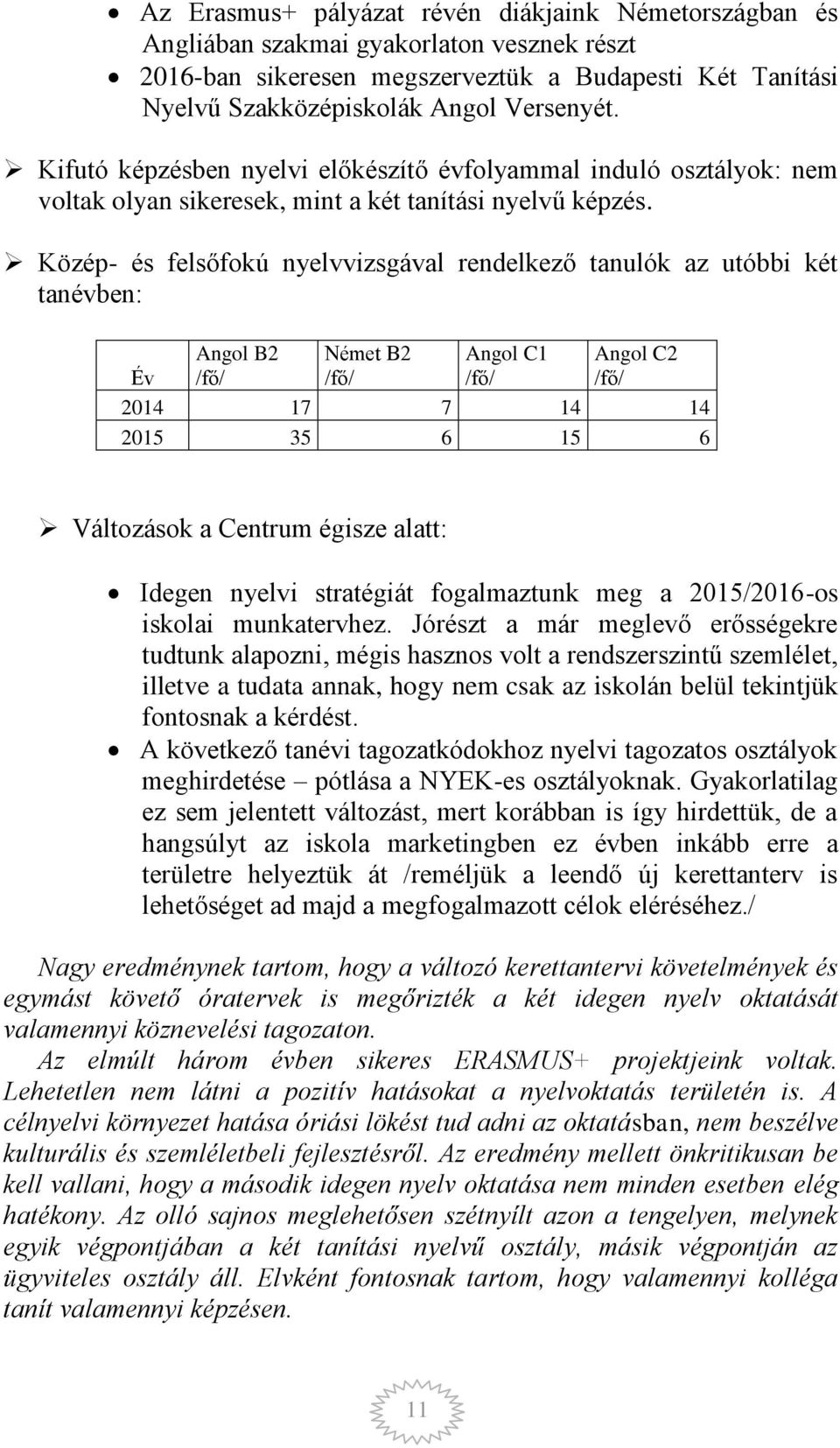 Közép- és felsőfokú nyelvvizsgával rendelkező tanulók az utóbbi két tanévben: Év Angol B2 /fő/ Német B2 /fő/ Angol C1 /fő/ Angol C2 /fő/ 2014 17 7 14 14 2015 35 6 15 6 Változások a Centrum égisze