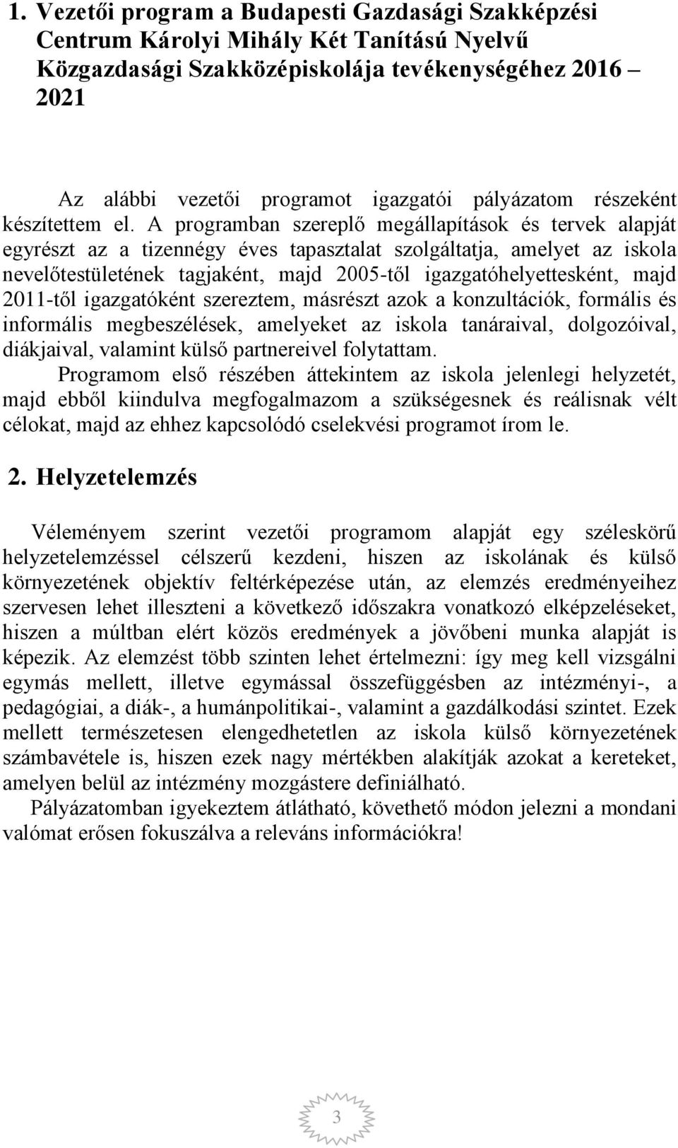 A programban szereplő megállapítások és tervek alapját egyrészt az a tizennégy éves tapasztalat szolgáltatja, amelyet az iskola nevelőtestületének tagjaként, majd 2005-től igazgatóhelyettesként, majd