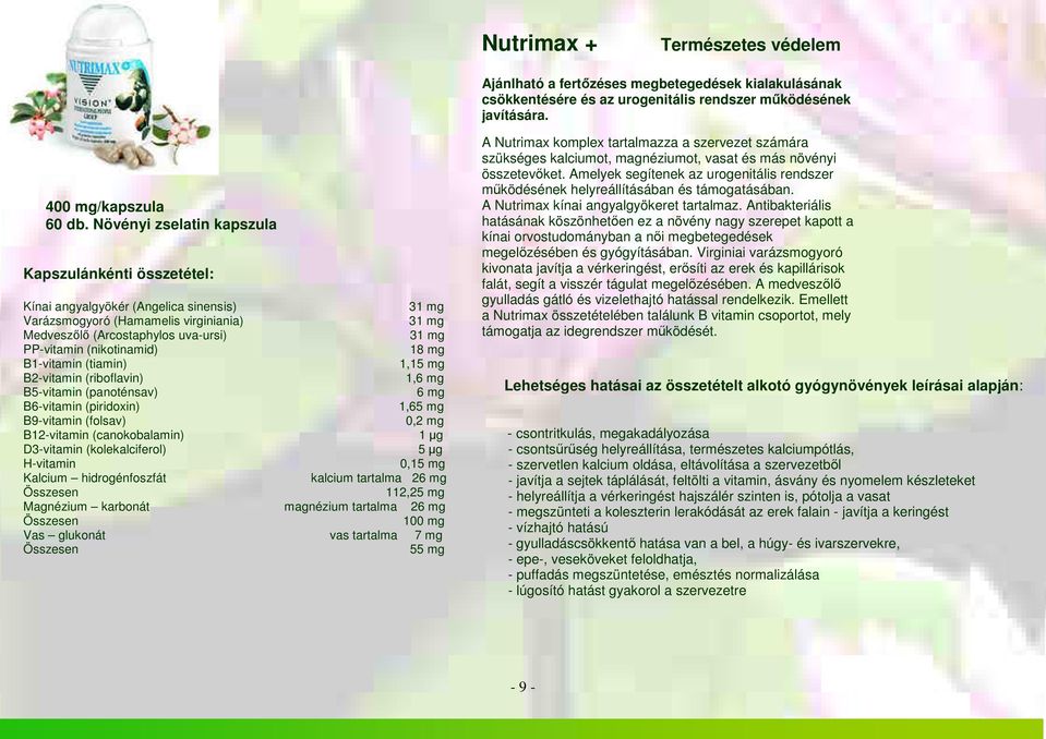 (nikotinamid) 18 mg B1-vitamin (tiamin) 1,15 mg B2-vitamin (riboflavin) 1,6 mg B5-vitamin (panoténsav) 6 mg B6-vitamin (piridoxin) 1,65 mg B9-vitamin (folsav) 0,2 mg B12-vitamin (canokobalamin) 1 µg