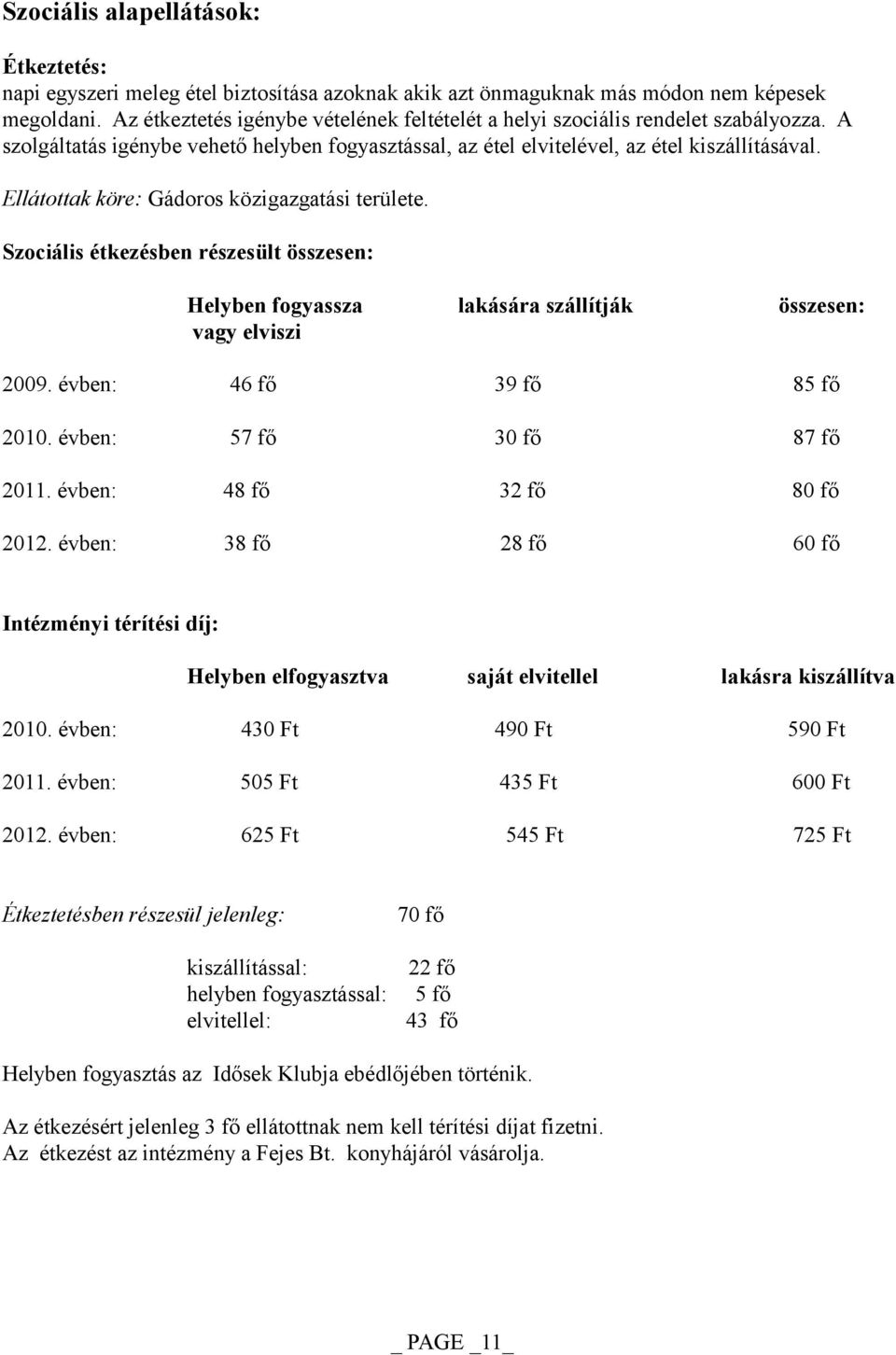Ellátottak köre: Gádoros közigazgatási területe. Szociális étkezésben részesült összesen: Helyben fogyassza lakására szállítják összesen: vagy elviszi 2009. évben: 46 fő 39 fő 85 fő 2010.