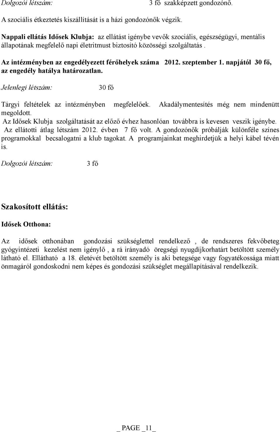Az intézményben az engedélyezett férőhelyek száma 2012. szeptember 1. napjától 30 fő, az engedély hatálya határozatlan. Jelenlegi létszám: 30 fő Tárgyi feltételek az intézményben megfelelőek.